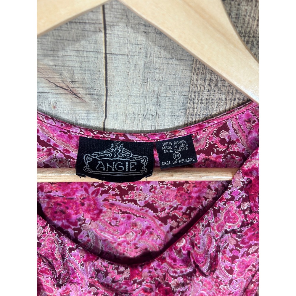 Angie Pink Paisley Ruffle V-Neck Cap Sleeve Midi Dress Medium Boho Romantic Y2K - Picture 6 of 7